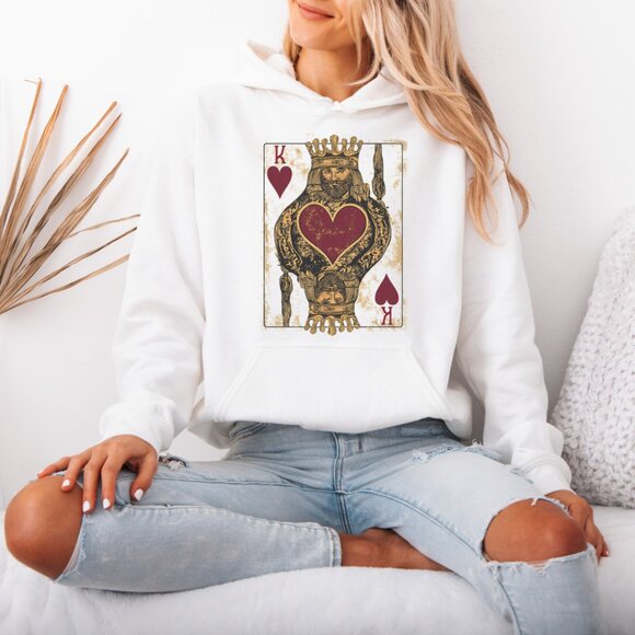 King Hoodie Poker Card Sweatshirt Retro Design White Unisex Pullover Long Sleeve - Picture 2 of 5